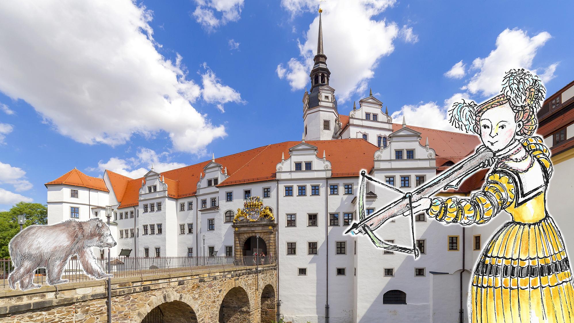 Grafische Darstellung von Sybille und einem Bären vor dem Schloss