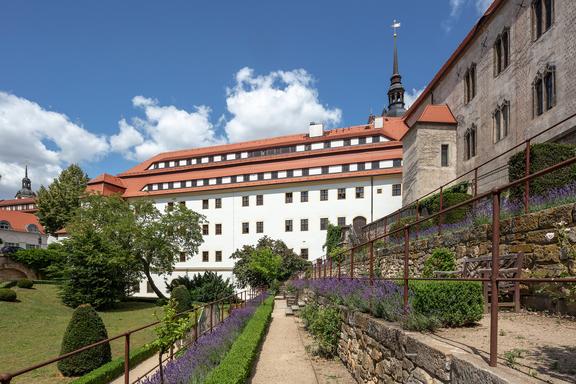 Blick über Lavendelrabatten auf Flügel E