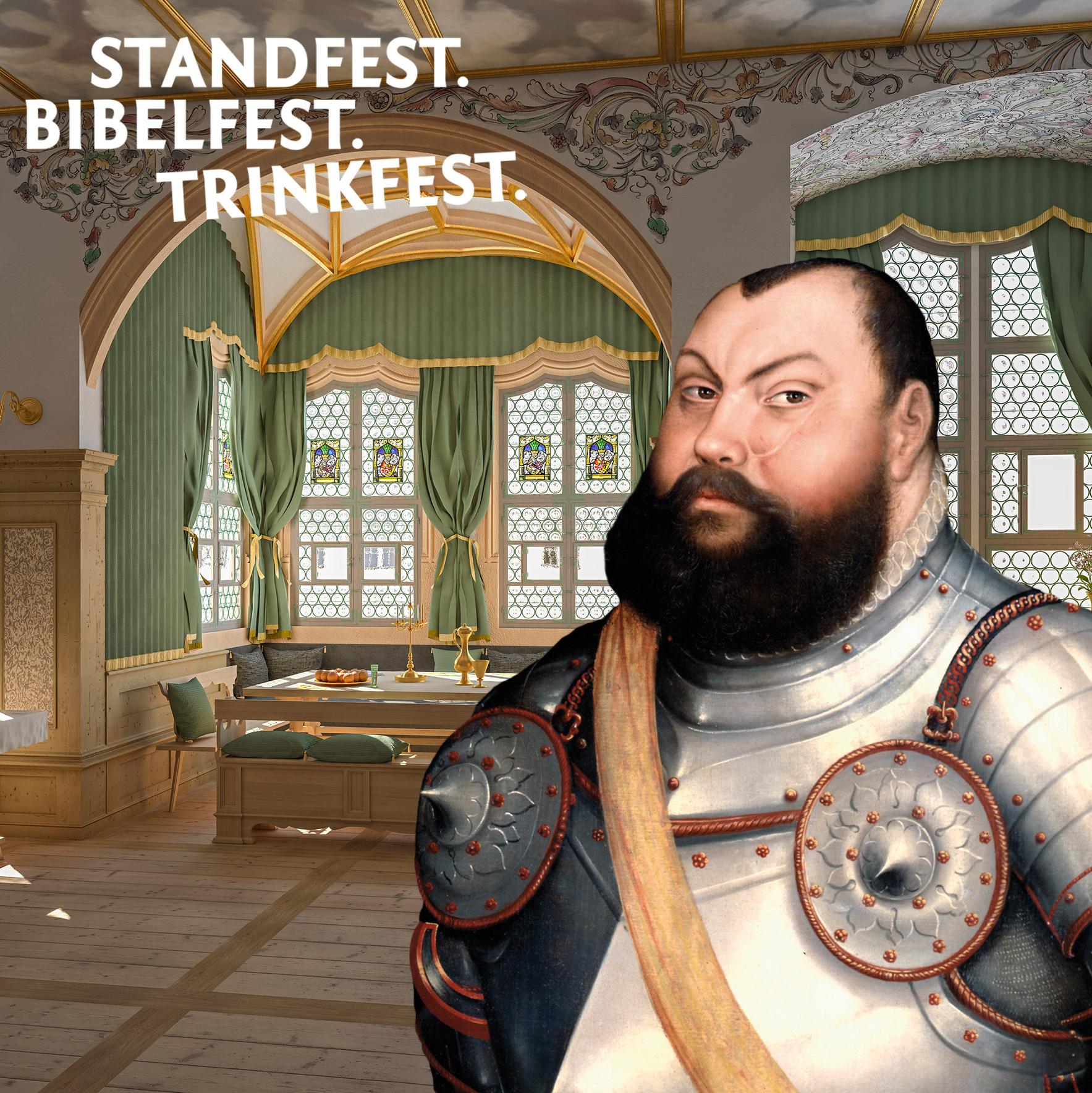 Werbemotiv: Im Hintergrund die ReKonstruktion des Kurfürstlichen Wohnzimmers, davor der Kurfürst selbst, der den Betrachter ansieht.