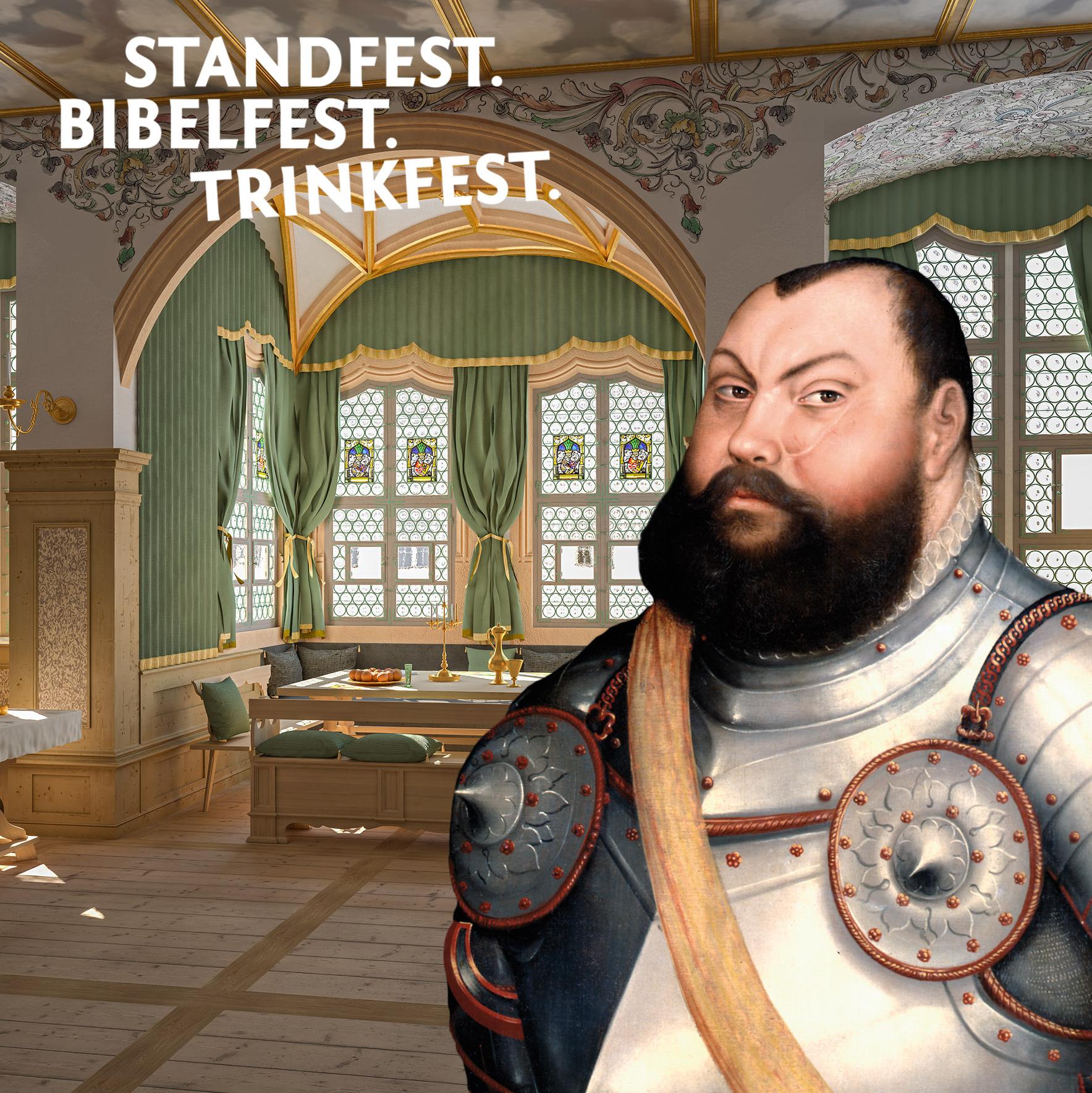 Werbemotiv: Im Hintergrund die ReKonstruktion des Kurfürstlichen Wohnzimmers, davor der Kurfürst selbst, der den Betrachter ansieht.